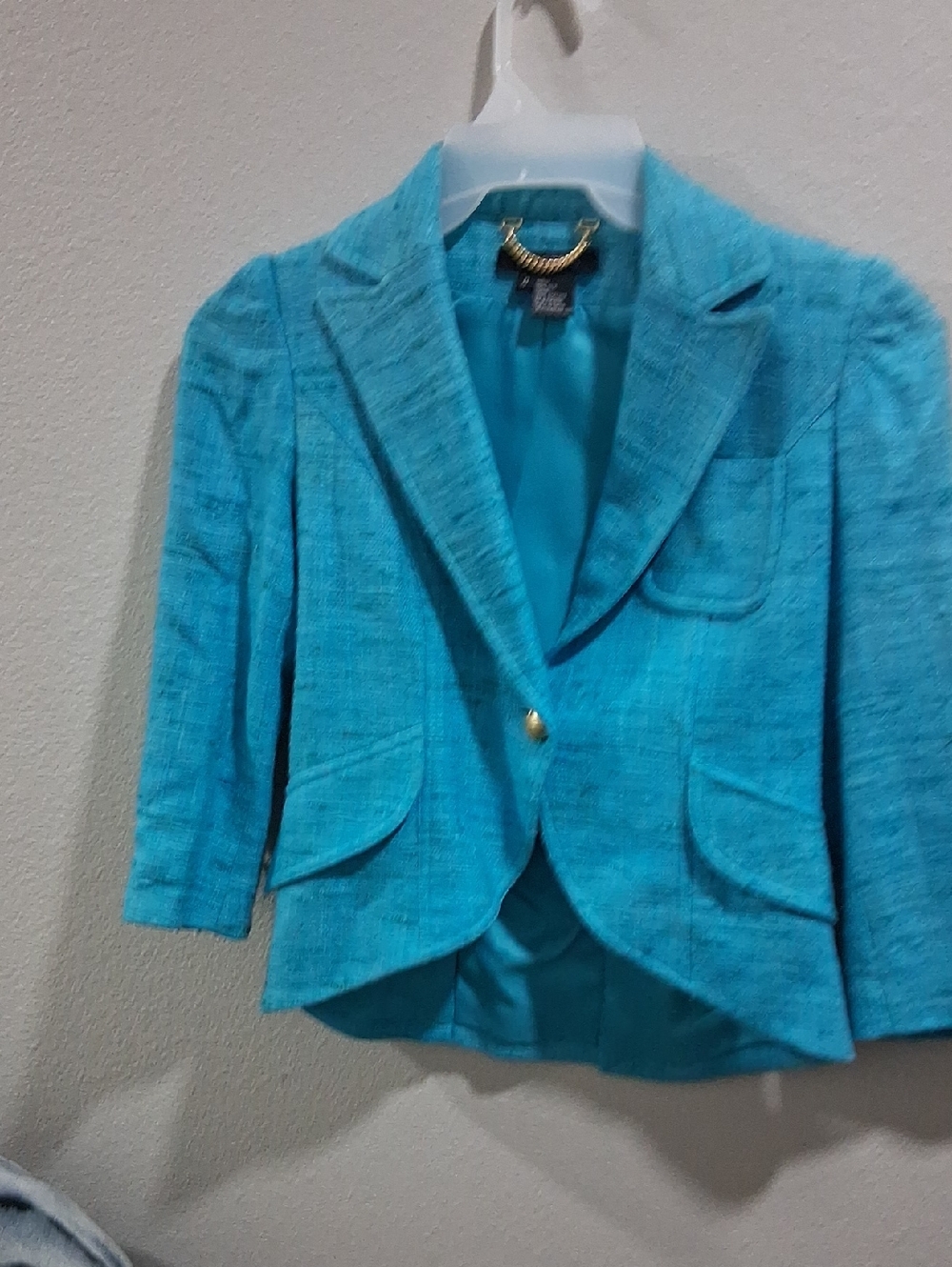 Etcetera Turquoise Tweed Jacket with Gold Chain Detail